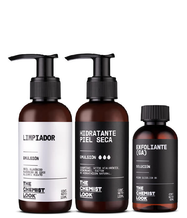 limpiador 120 mL emulsion hidratante piel seca 120 mL y exfoliante acido glicolico 60 mL