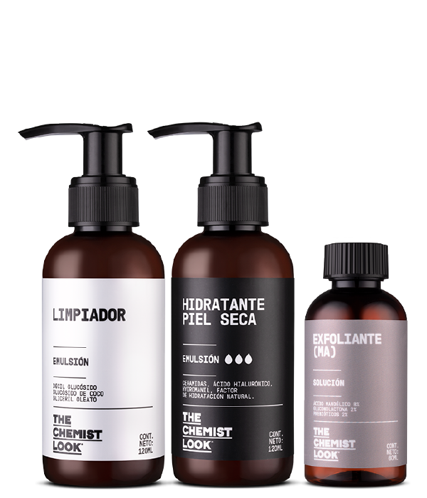 limpiador 120 mL emulsion hidratante piel seca 120 mL y exfoliante acido mandelico 60 mL